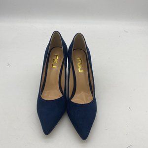 navy pointy toe suede chunky heels pumps shoes slip on